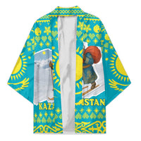 Kazakhstan Christmas Kimono with Santa Skiing in Traditional Outfit Snow Mountain and Sun Pattern - Wonder Print Shop