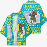 Kazakhstan Christmas Kimono with Santa Skiing in Traditional Outfit Snow Mountain and Sun Pattern - Wonder Print Shop