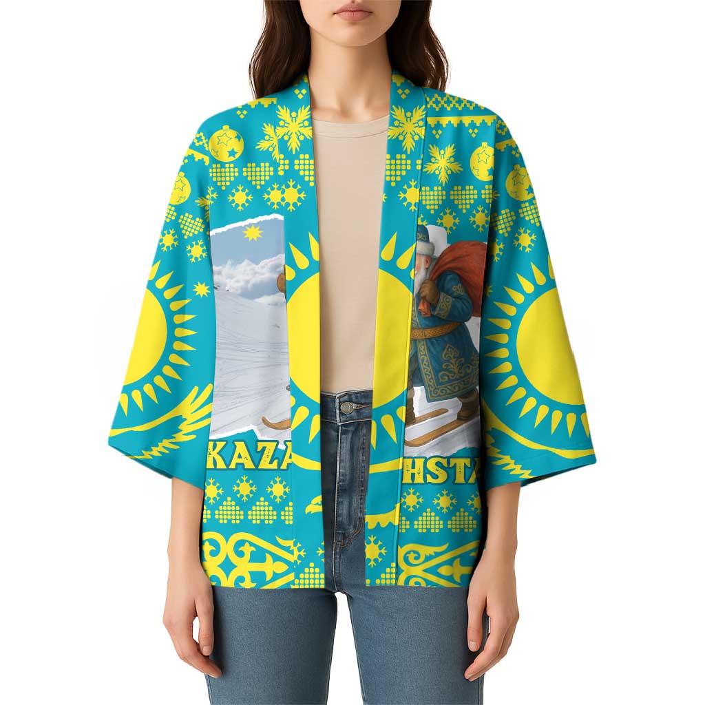 Kazakhstan Christmas Kimono with Santa Skiing in Traditional Outfit Snow Mountain and Sun Pattern - Wonder Print Shop