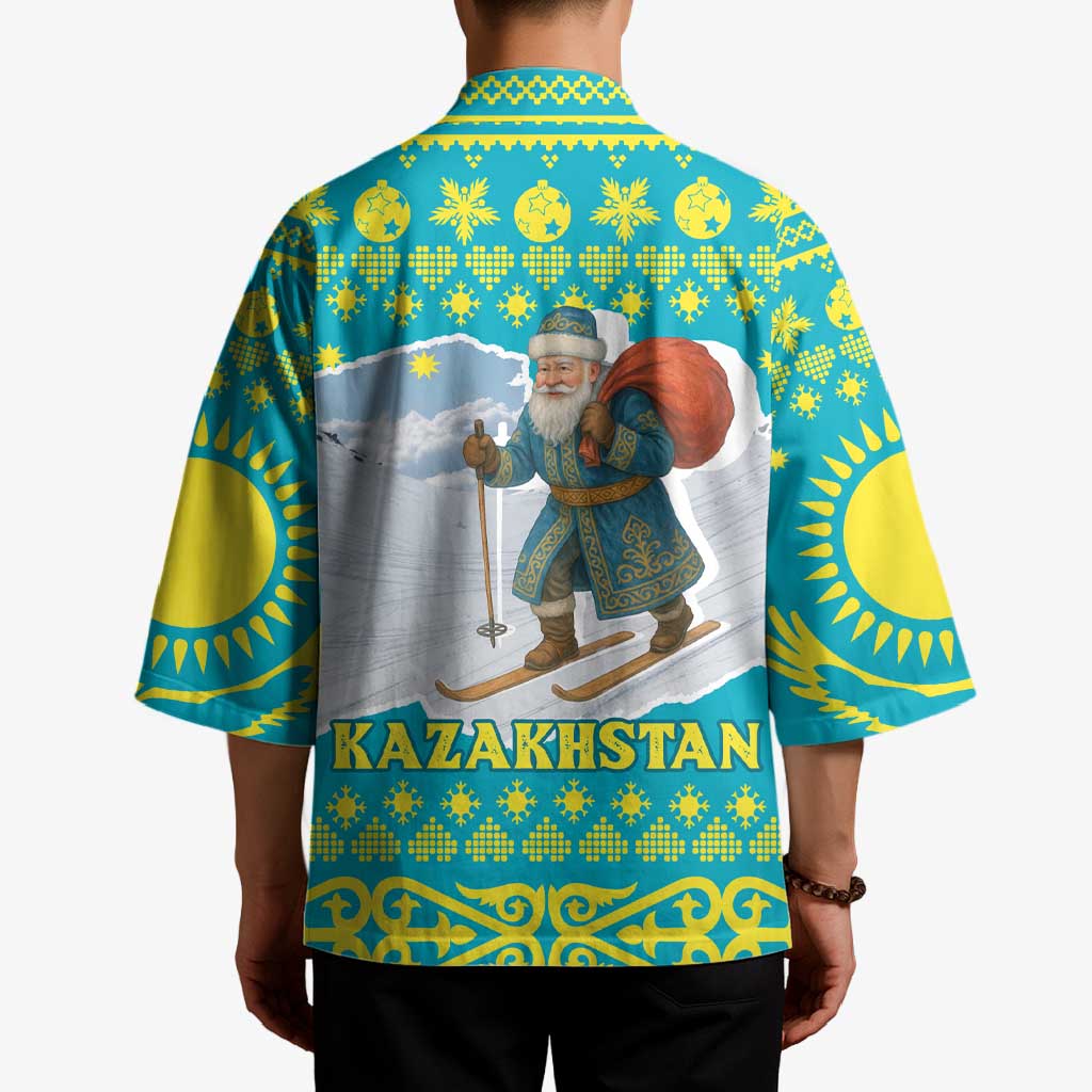 Kazakhstan Christmas Kimono with Santa Skiing in Traditional Outfit Snow Mountain and Sun Pattern - Wonder Print Shop