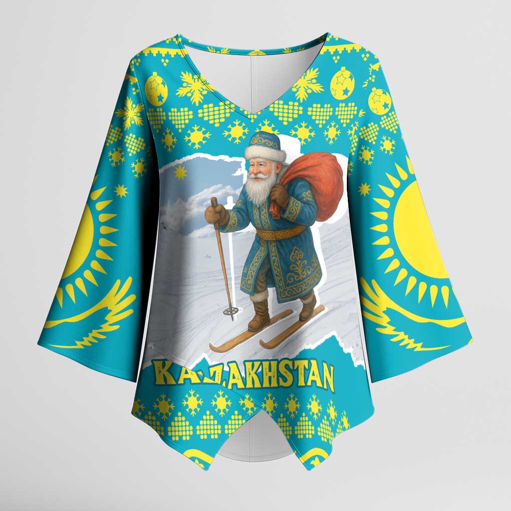 Kazakhstan Christmas Kimono Sleeve Blouse with Santa Skiing in Traditional Outfit Snow Mountain and Sun Pattern - Wonder Print Shop