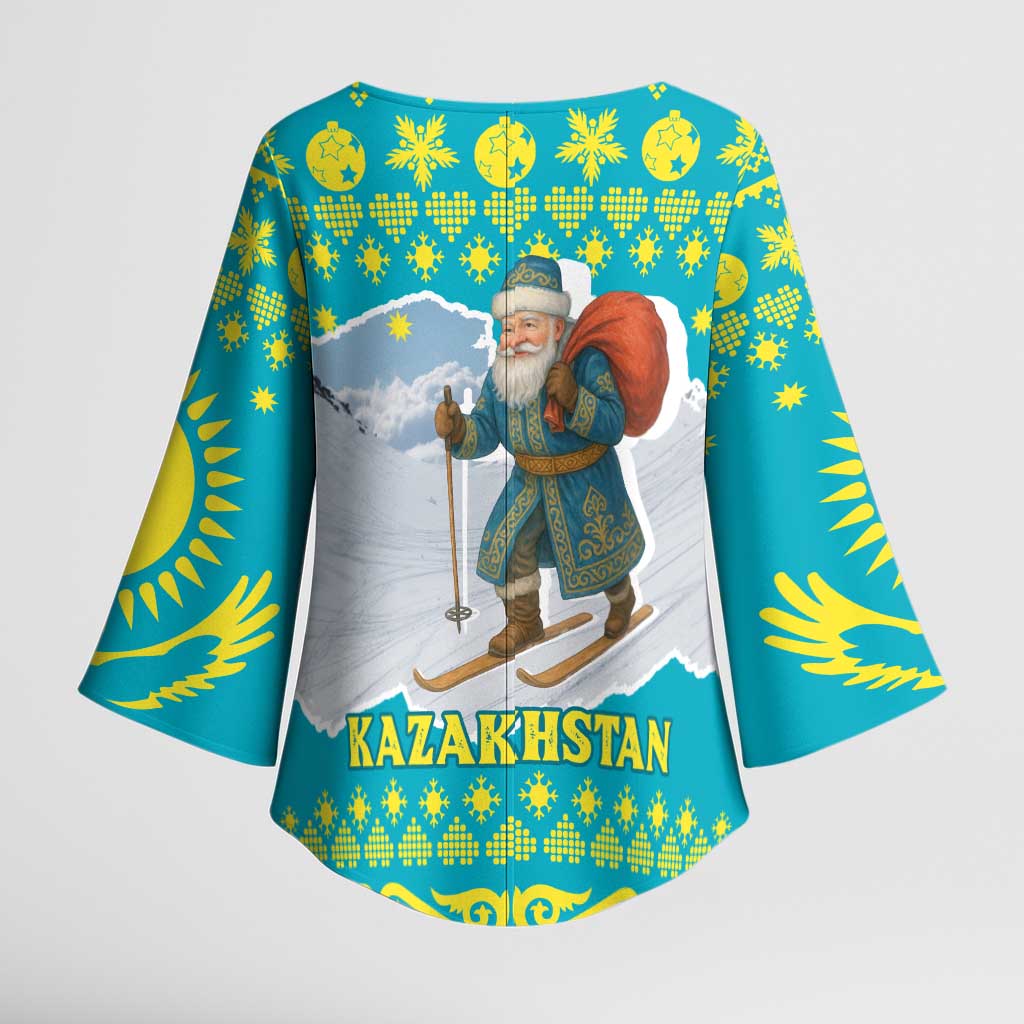 Kazakhstan Christmas Kimono Sleeve Blouse with Santa Skiing in Traditional Outfit Snow Mountain and Sun Pattern - Wonder Print Shop