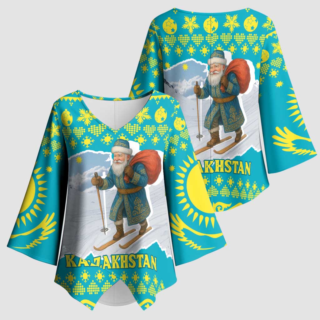 Kazakhstan Christmas Kimono Sleeve Blouse with Santa Skiing in Traditional Outfit Snow Mountain and Sun Pattern - Wonder Print Shop