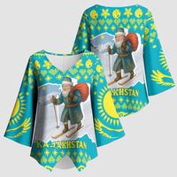 Kazakhstan Christmas Kimono Sleeve Blouse with Santa Skiing in Traditional Outfit Snow Mountain and Sun Pattern - Wonder Print Shop