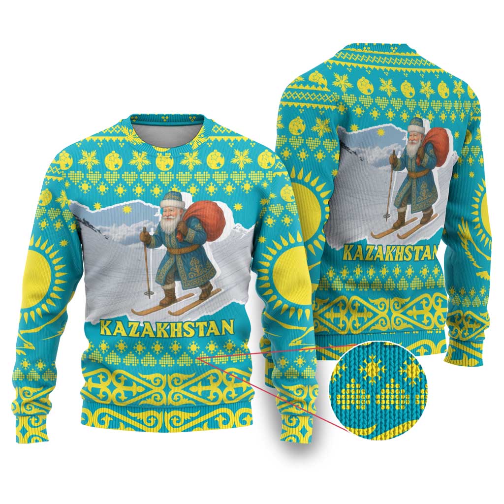 Kazakhstan Christmas Ugly Christmas Sweater with Santa Skiing in Traditional Outfit Snow Mountain and Sun Pattern - Wonder Print Shop