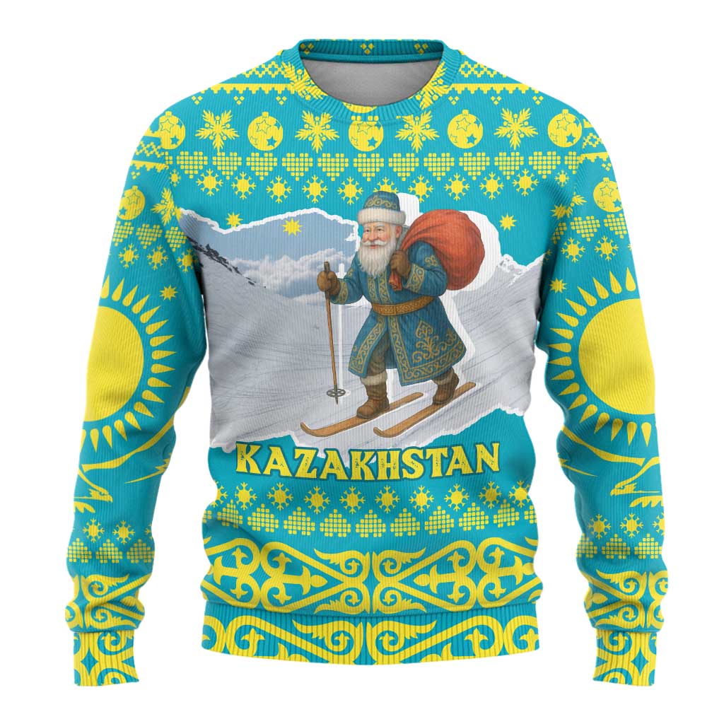 Kazakhstan Christmas Ugly Christmas Sweater with Santa Skiing in Traditional Outfit Snow Mountain and Sun Pattern - Wonder Print Shop