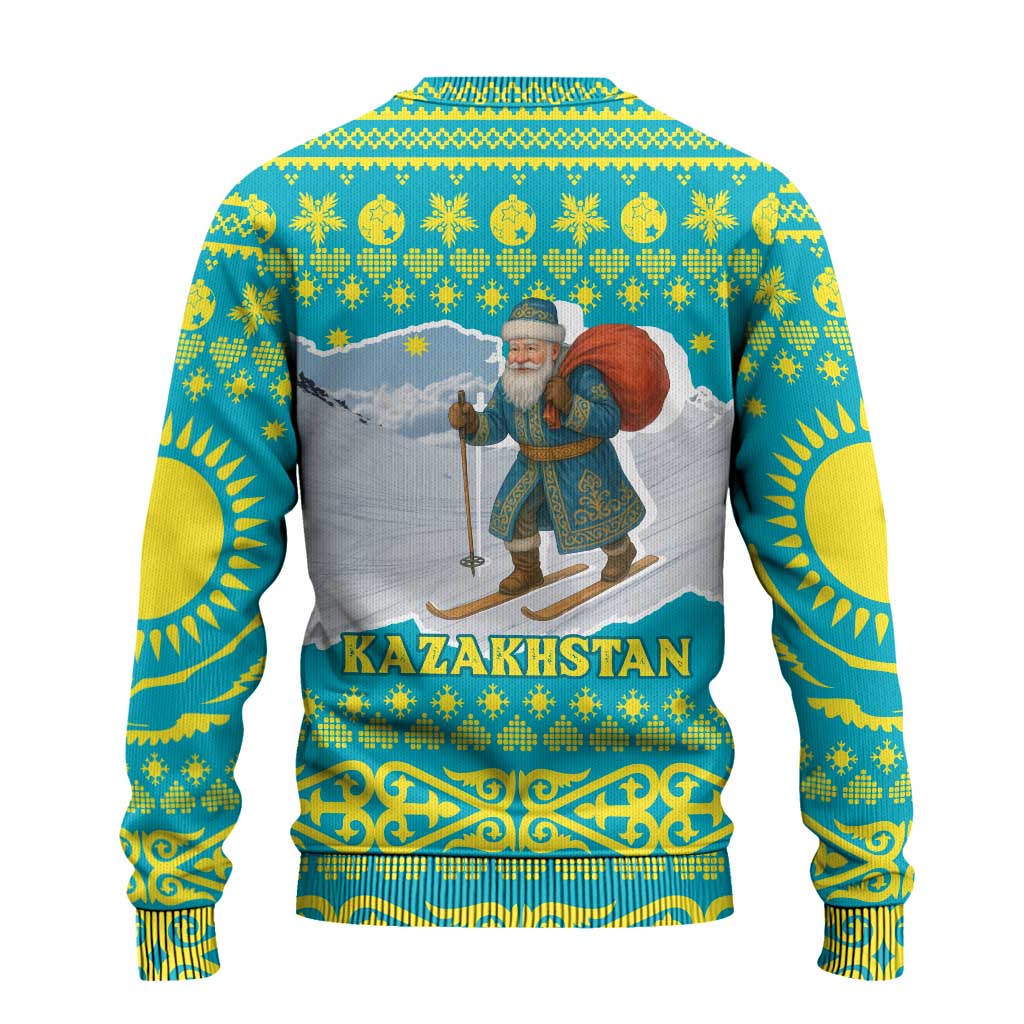 Kazakhstan Christmas Ugly Christmas Sweater with Santa Skiing in Traditional Outfit Snow Mountain and Sun Pattern - Wonder Print Shop