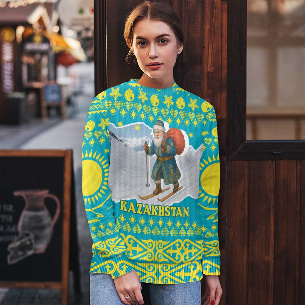 Kazakhstan Christmas Ugly Christmas Sweater with Santa Skiing in Traditional Outfit Snow Mountain and Sun Pattern - Wonder Print Shop