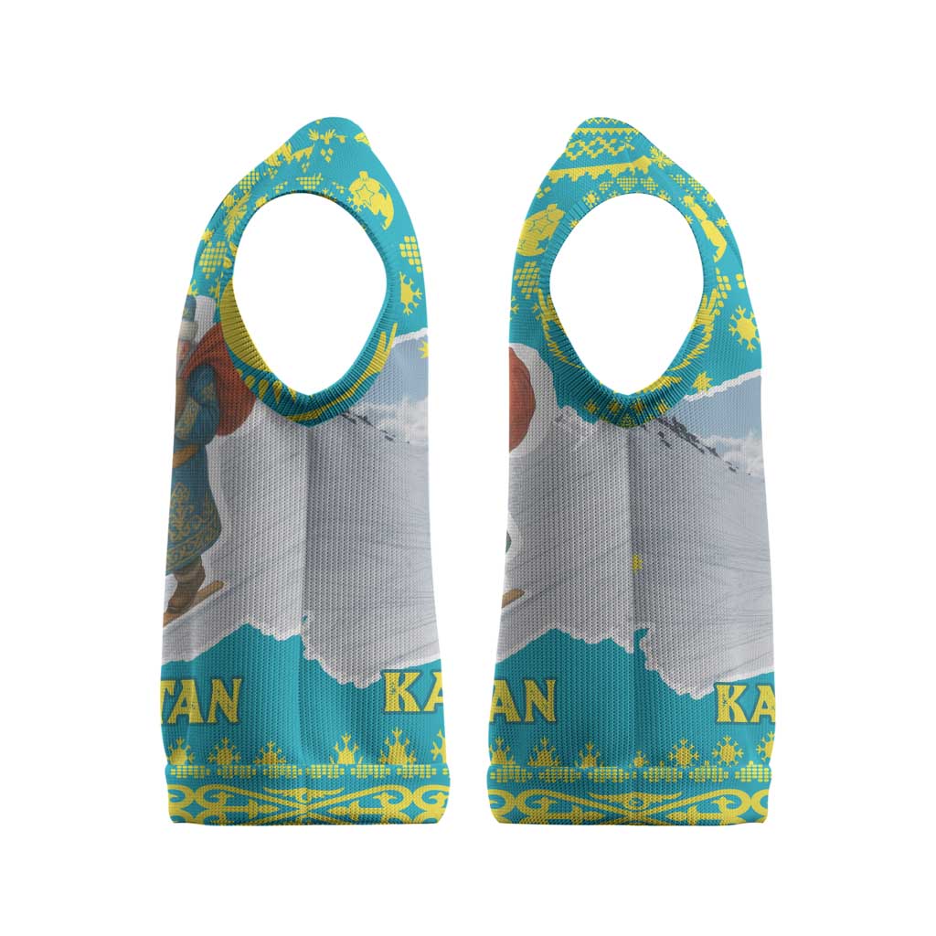 Kazakhstan Christmas Knitted V-Neck Vest with Santa Skiing in Traditional Outfit Snow Mountain and Sun Pattern - Wonder Print Shop