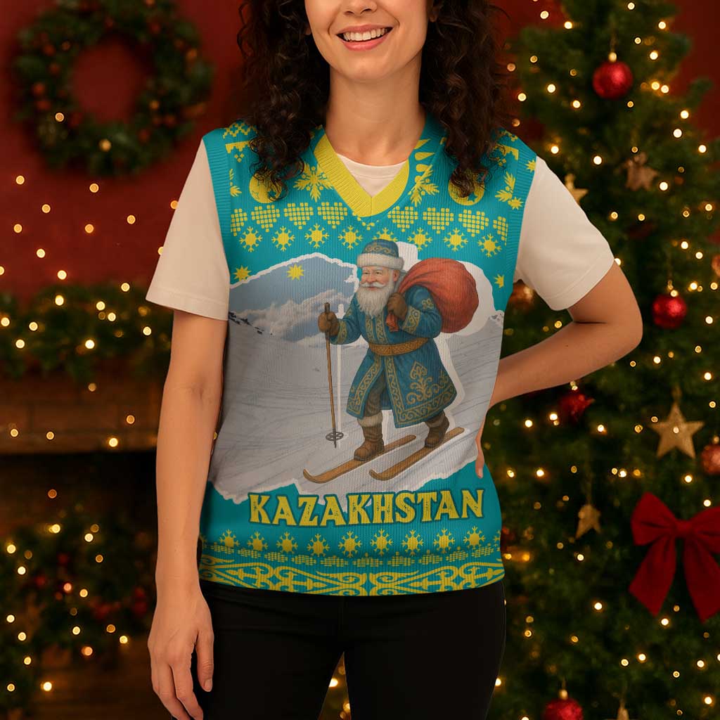 Kazakhstan Christmas Knitted V-Neck Vest with Santa Skiing in Traditional Outfit Snow Mountain and Sun Pattern - Wonder Print Shop