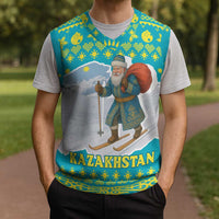 Kazakhstan Christmas Knitted V-Neck Vest with Santa Skiing in Traditional Outfit Snow Mountain and Sun Pattern - Wonder Print Shop