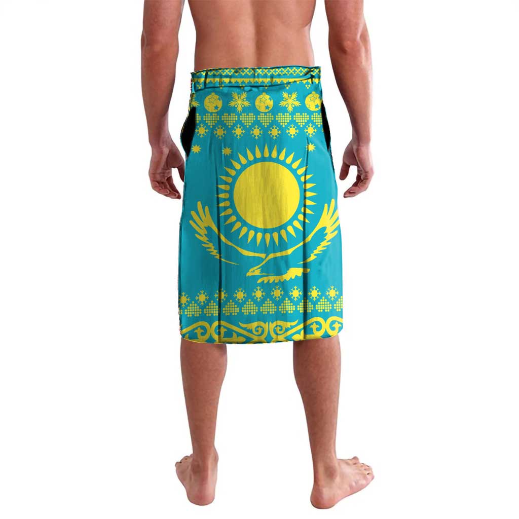 Kazakhstan Christmas Lavalava with Santa Skiing in Traditional Outfit Snow Mountain and Sun Pattern - Wonder Print Shop