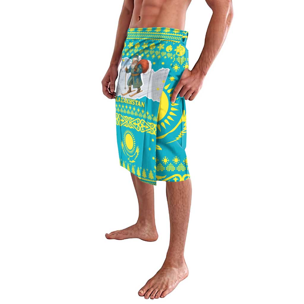 Kazakhstan Christmas Lavalava with Santa Skiing in Traditional Outfit Snow Mountain and Sun Pattern - Wonder Print Shop