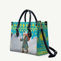 Kazakhstan Christmas Leather Bag with Santa Skiing in Traditional Outfit Snow Mountain and Sun Pattern - Wonder Print Shop