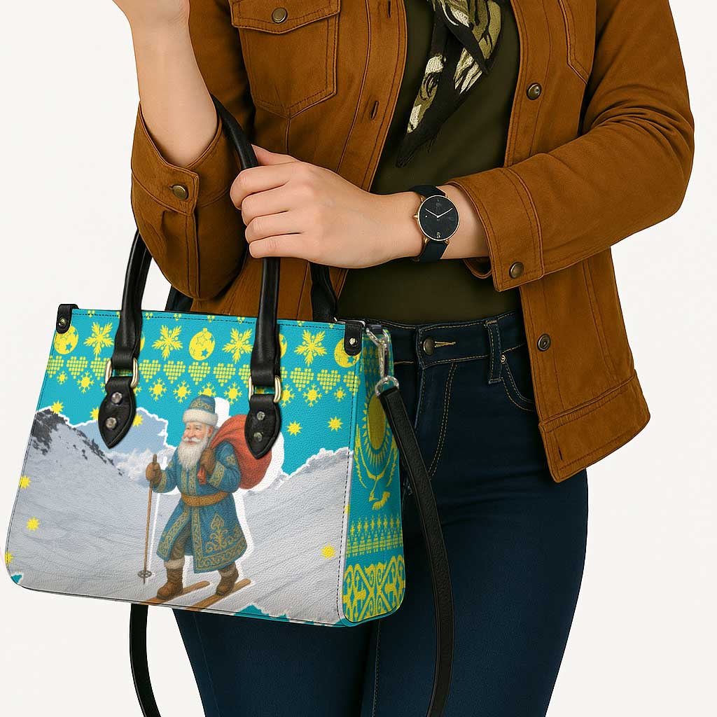 Kazakhstan Christmas Leather Bag with Santa Skiing in Traditional Outfit Snow Mountain and Sun Pattern - Wonder Print Shop