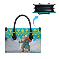 Kazakhstan Christmas Leather Bag with Santa Skiing in Traditional Outfit Snow Mountain and Sun Pattern - Wonder Print Shop