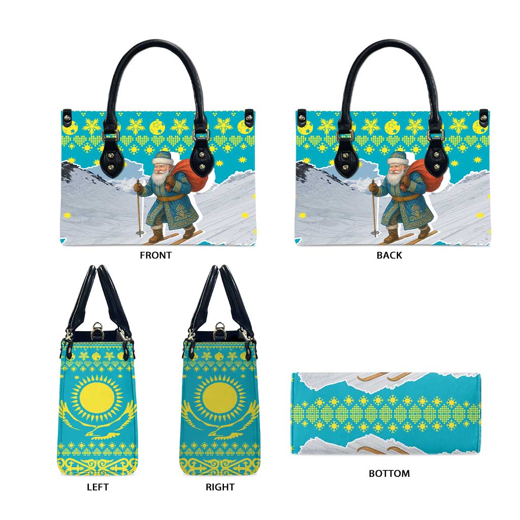 Kazakhstan Christmas Leather Bag with Santa Skiing in Traditional Outfit Snow Mountain and Sun Pattern - Wonder Print Shop