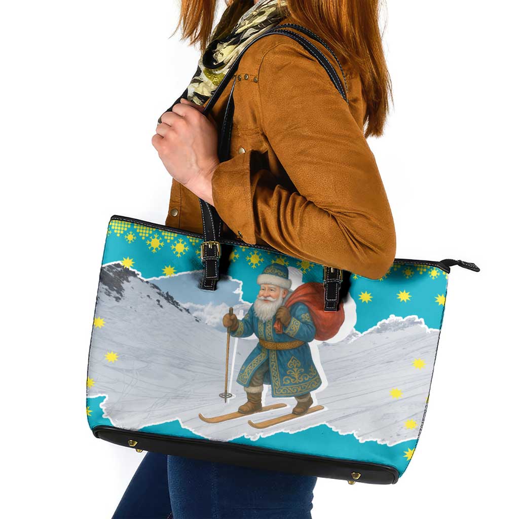 Kazakhstan Christmas Leather Tote Bag with Santa Skiing in Traditional Outfit Snow Mountain and Sun Pattern - Wonder Print Shop