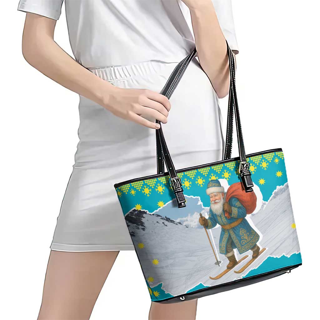 Kazakhstan Christmas Leather Tote Bag with Santa Skiing in Traditional Outfit Snow Mountain and Sun Pattern - Wonder Print Shop