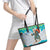 Kazakhstan Christmas Leather Tote Bag with Santa Skiing in Traditional Outfit Snow Mountain and Sun Pattern - Wonder Print Shop