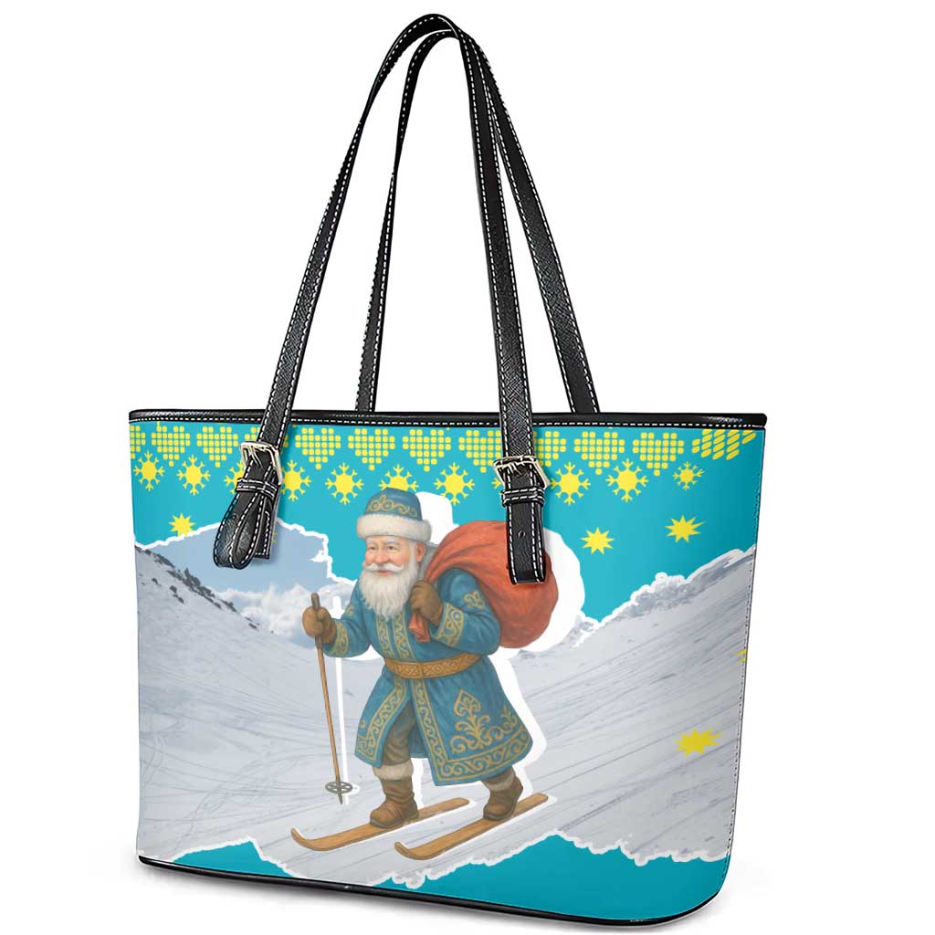 Kazakhstan Christmas Leather Tote Bag with Santa Skiing in Traditional Outfit Snow Mountain and Sun Pattern - Wonder Print Shop