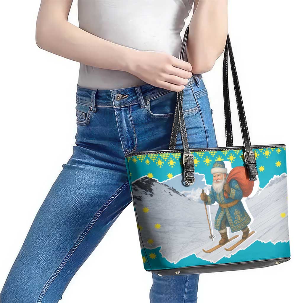 Kazakhstan Christmas Leather Tote Bag with Santa Skiing in Traditional Outfit Snow Mountain and Sun Pattern - Wonder Print Shop