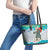 Kazakhstan Christmas Leather Tote Bag with Santa Skiing in Traditional Outfit Snow Mountain and Sun Pattern - Wonder Print Shop