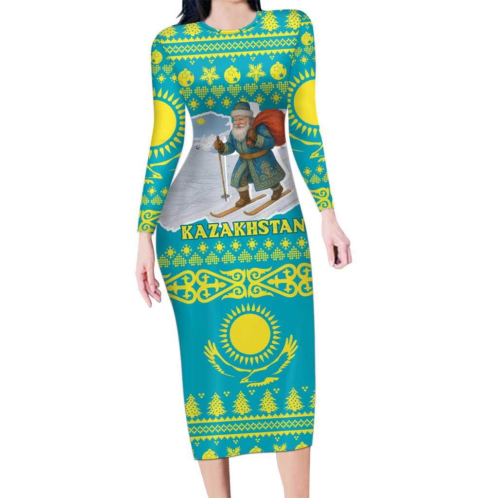 Kazakhstan Christmas Long Sleeve Bodycon Dress with Santa Skiing in Traditional Outfit Snow Mountain and Sun Pattern - Wonder Print Shop
