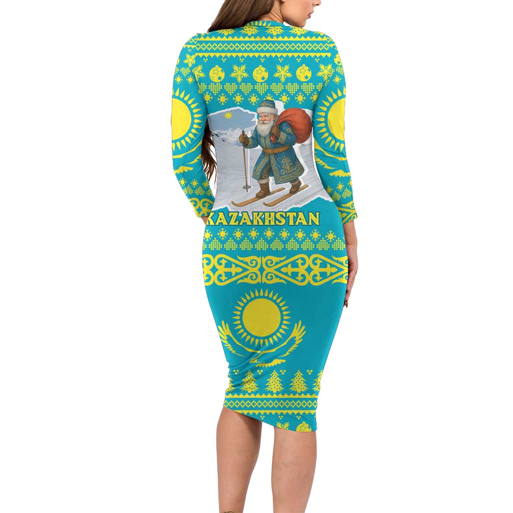 Kazakhstan Christmas Long Sleeve Bodycon Dress with Santa Skiing in Traditional Outfit Snow Mountain and Sun Pattern - Wonder Print Shop