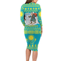 Kazakhstan Christmas Long Sleeve Bodycon Dress with Santa Skiing in Traditional Outfit Snow Mountain and Sun Pattern - Wonder Print Shop