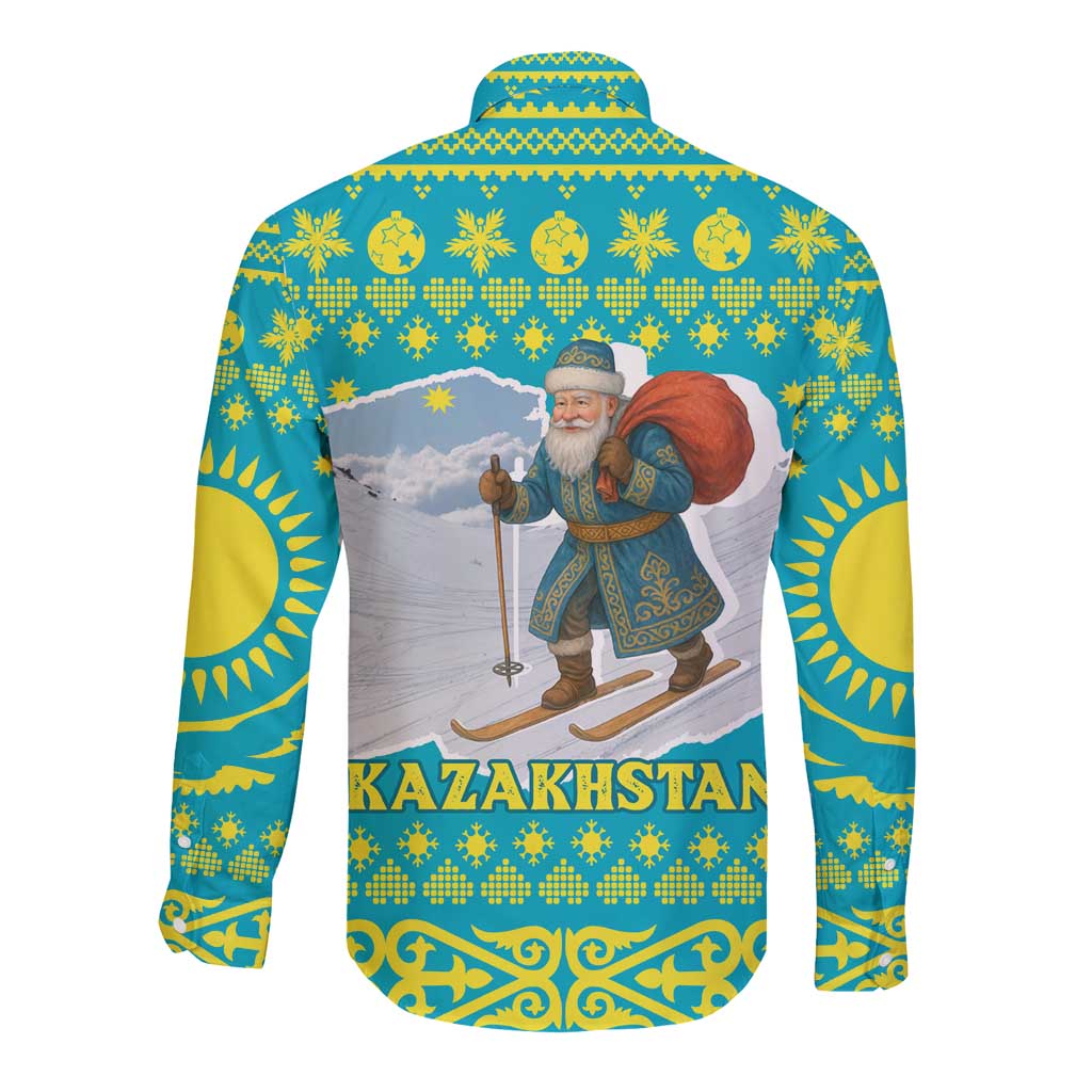 Kazakhstan Christmas Long Sleeve Button Shirt with Santa Skiing in Traditional Outfit Snow Mountain and Sun Pattern - Wonder Print Shop