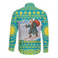 Kazakhstan Christmas Long Sleeve Button Shirt with Santa Skiing in Traditional Outfit Snow Mountain and Sun Pattern - Wonder Print Shop