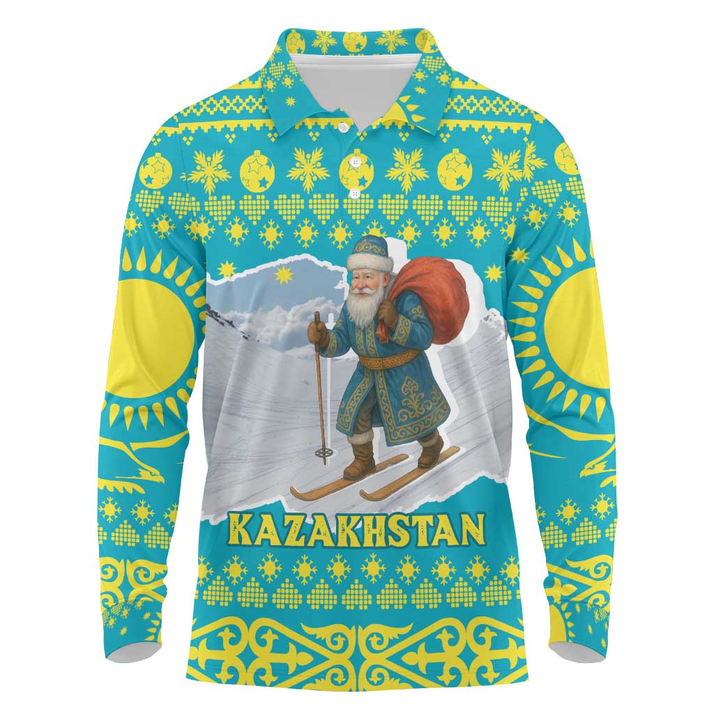 Kazakhstan Christmas Long Sleeve Polo Shirt with Santa Skiing in Traditional Outfit Snow Mountain and Sun Pattern - Wonder Print Shop
