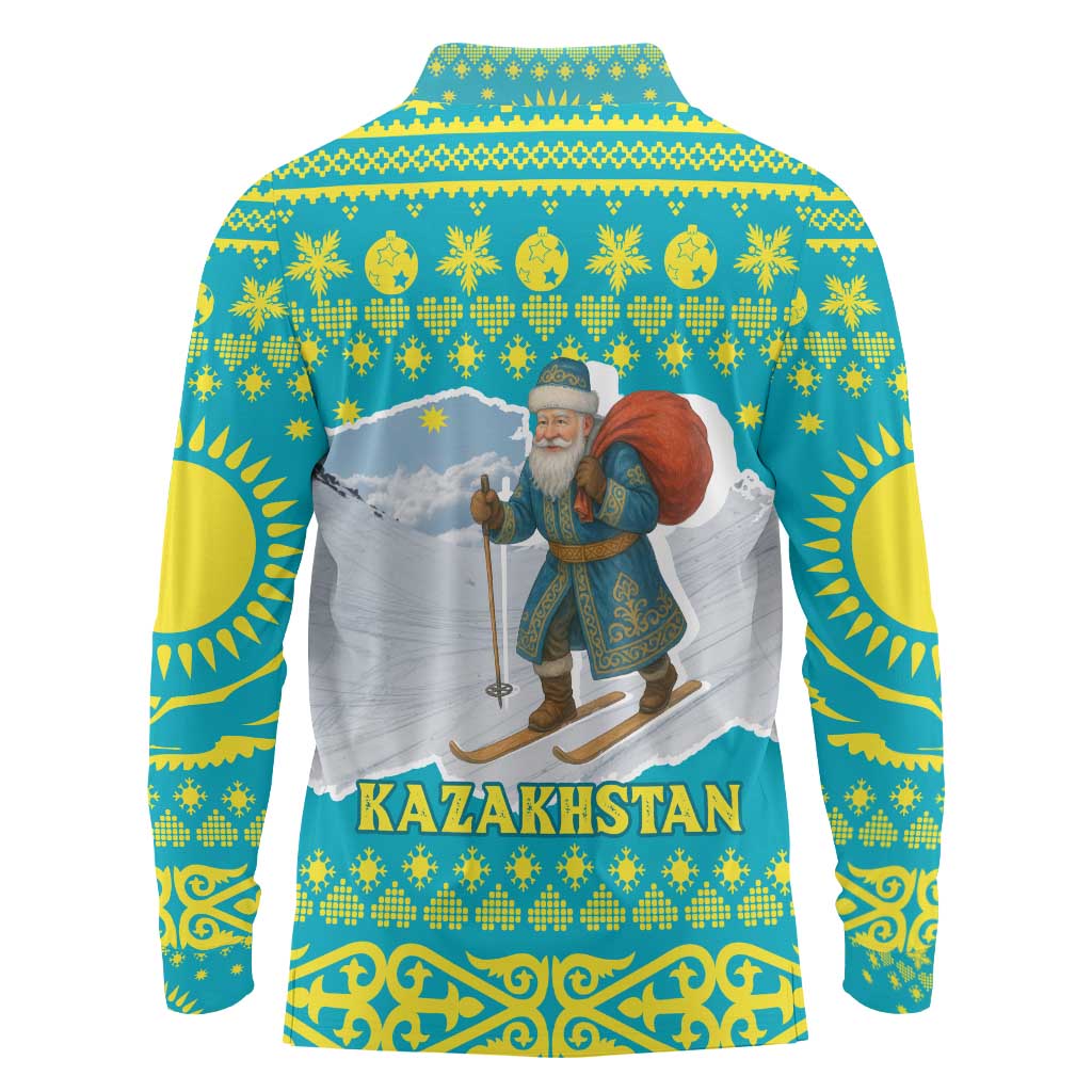 Kazakhstan Christmas Long Sleeve Polo Shirt with Santa Skiing in Traditional Outfit Snow Mountain and Sun Pattern - Wonder Print Shop