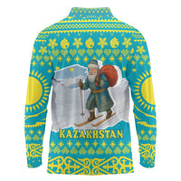 Kazakhstan Christmas Long Sleeve Polo Shirt with Santa Skiing in Traditional Outfit Snow Mountain and Sun Pattern - Wonder Print Shop