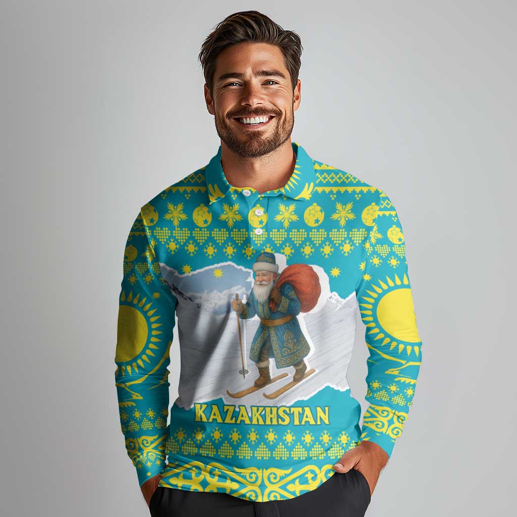 Kazakhstan Christmas Long Sleeve Polo Shirt with Santa Skiing in Traditional Outfit Snow Mountain and Sun Pattern - Wonder Print Shop
