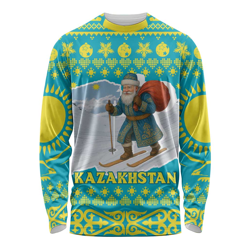 Kazakhstan Christmas Long Sleeve Shirt with Santa Skiing in Traditional Outfit Snow Mountain and Sun Pattern - Wonder Print Shop