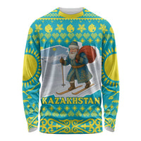 Kazakhstan Christmas Long Sleeve Shirt with Santa Skiing in Traditional Outfit Snow Mountain and Sun Pattern - Wonder Print Shop