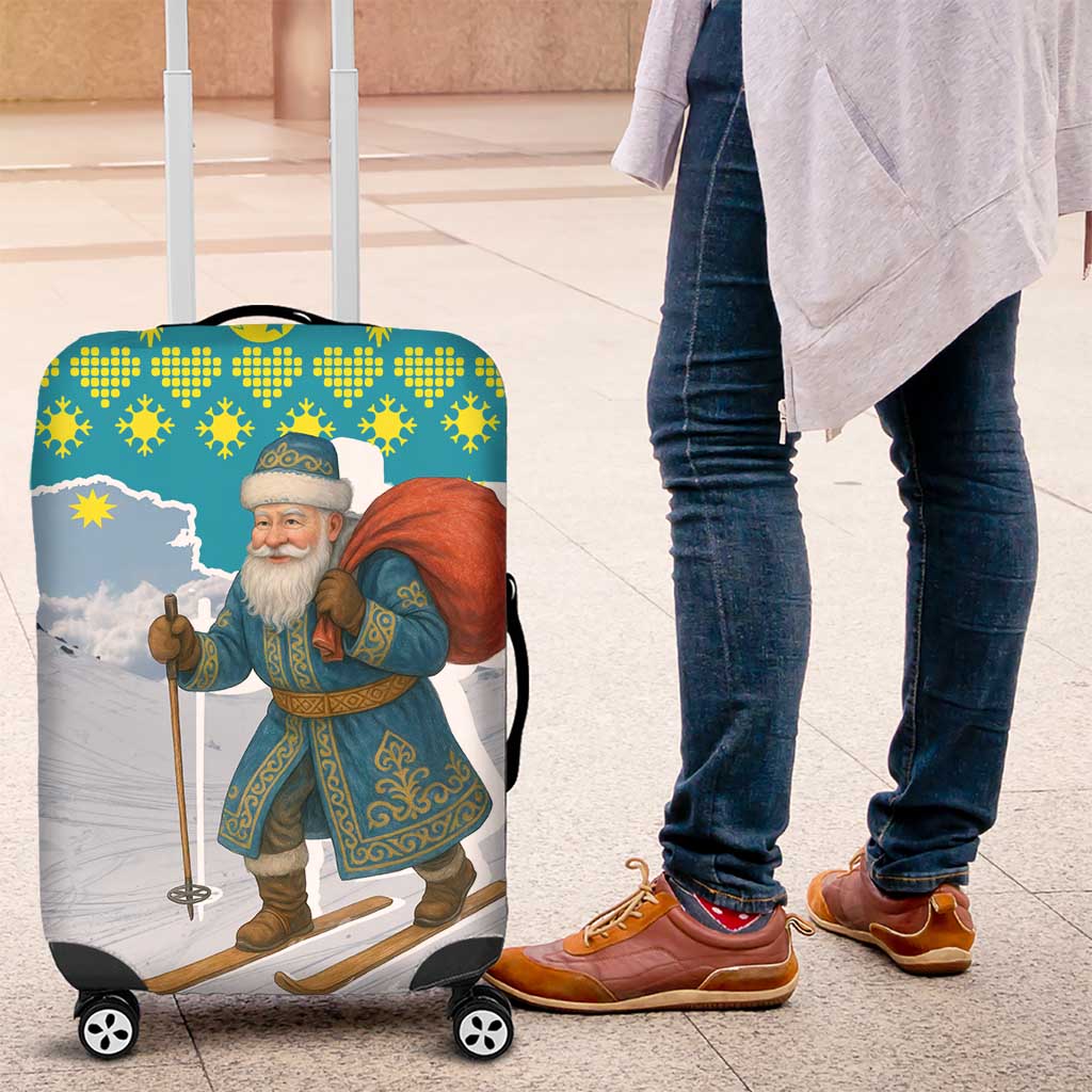 Kazakhstan Christmas Luggage Cover with Santa Skiing in Traditional Outfit Snow Mountain and Sun Pattern - Wonder Print Shop