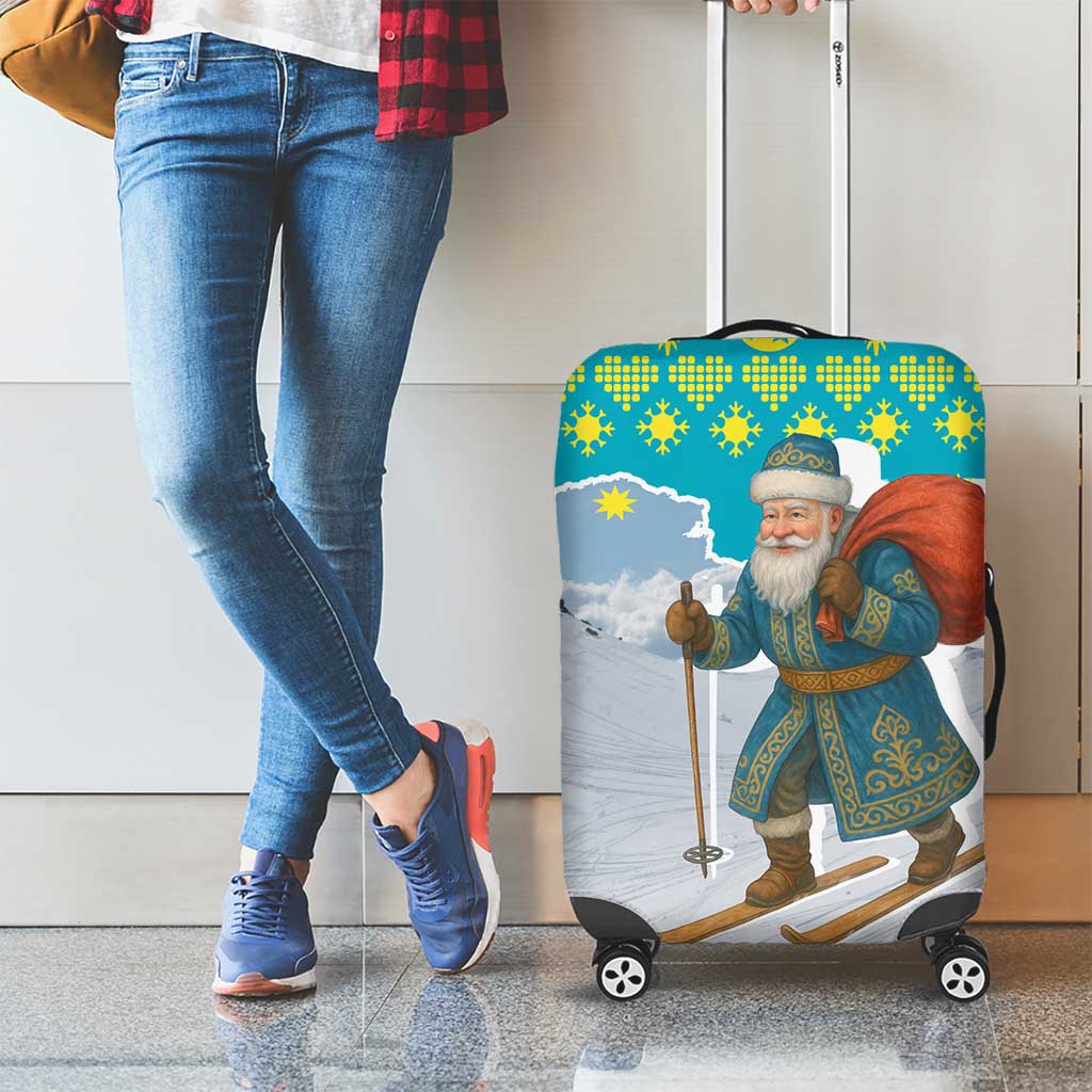 Kazakhstan Christmas Luggage Cover with Santa Skiing in Traditional Outfit Snow Mountain and Sun Pattern - Wonder Print Shop