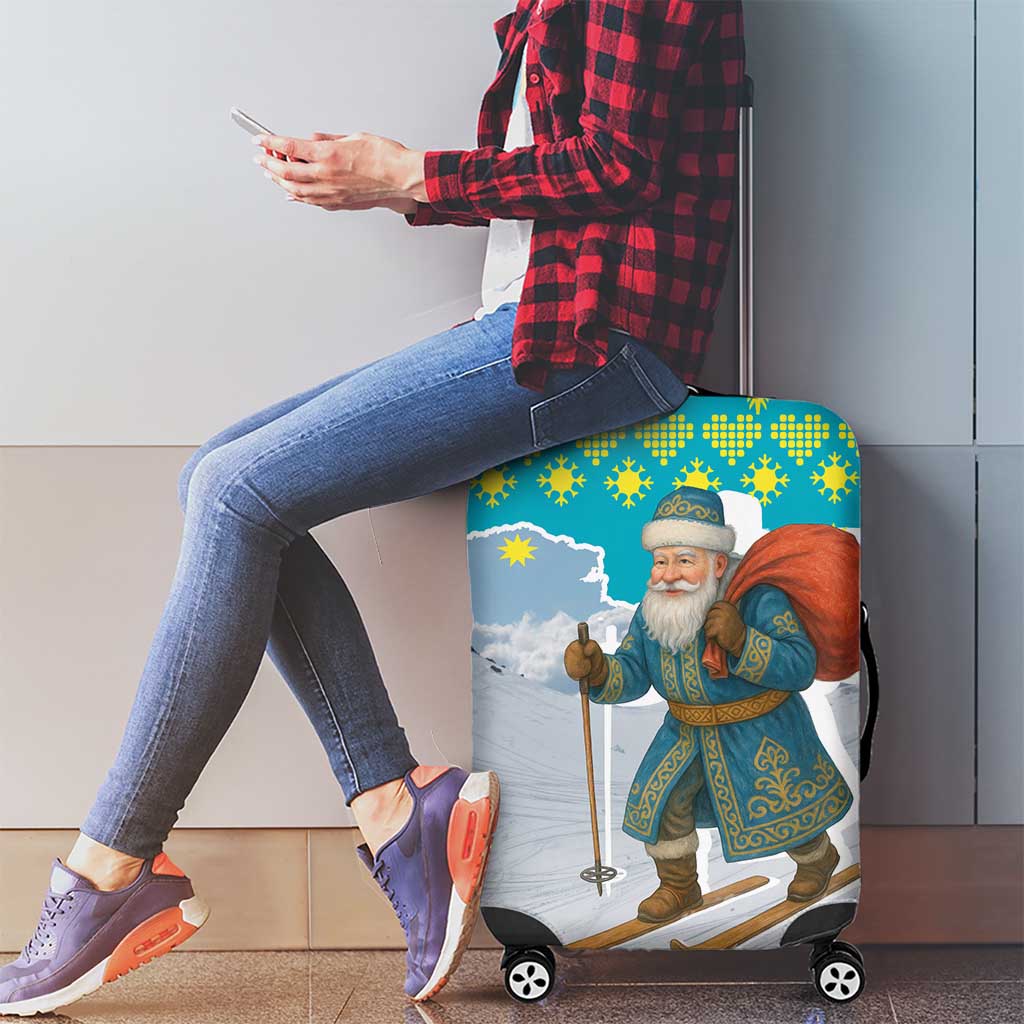 Kazakhstan Christmas Luggage Cover with Santa Skiing in Traditional Outfit Snow Mountain and Sun Pattern - Wonder Print Shop