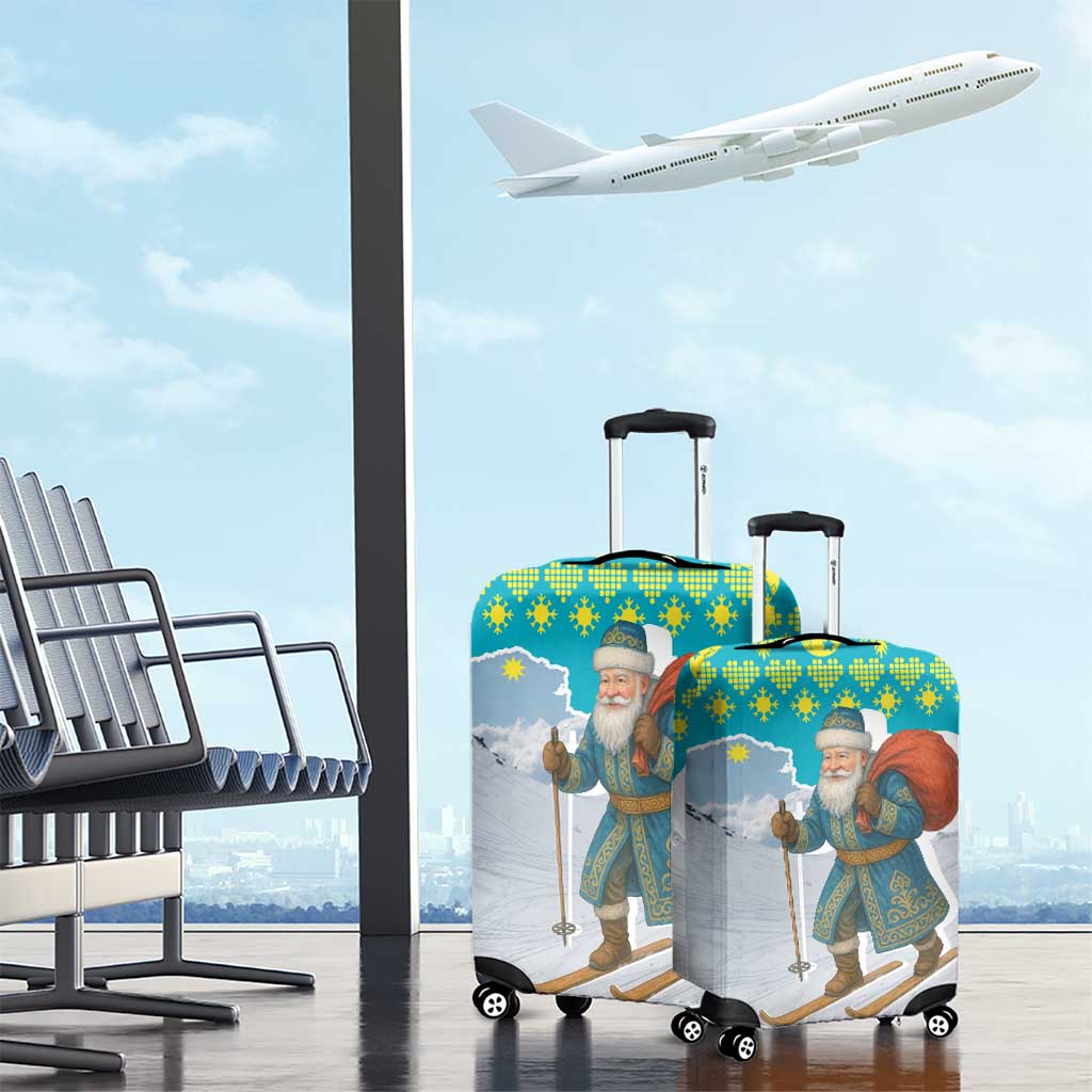 Kazakhstan Christmas Luggage Cover with Santa Skiing in Traditional Outfit Snow Mountain and Sun Pattern - Wonder Print Shop