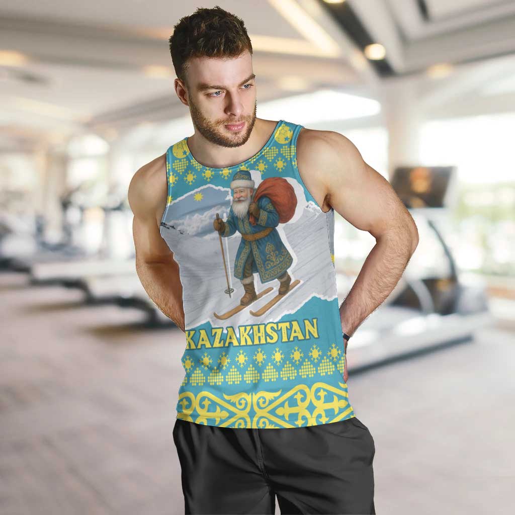 Kazakhstan Christmas Men Tank Top with Santa Skiing in Traditional Outfit Snow Mountain and Sun Pattern - Wonder Print Shop