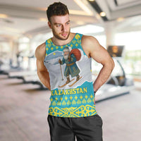 Kazakhstan Christmas Men Tank Top with Santa Skiing in Traditional Outfit Snow Mountain and Sun Pattern - Wonder Print Shop