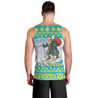 Kazakhstan Christmas Men Tank Top with Santa Skiing in Traditional Outfit Snow Mountain and Sun Pattern - Wonder Print Shop