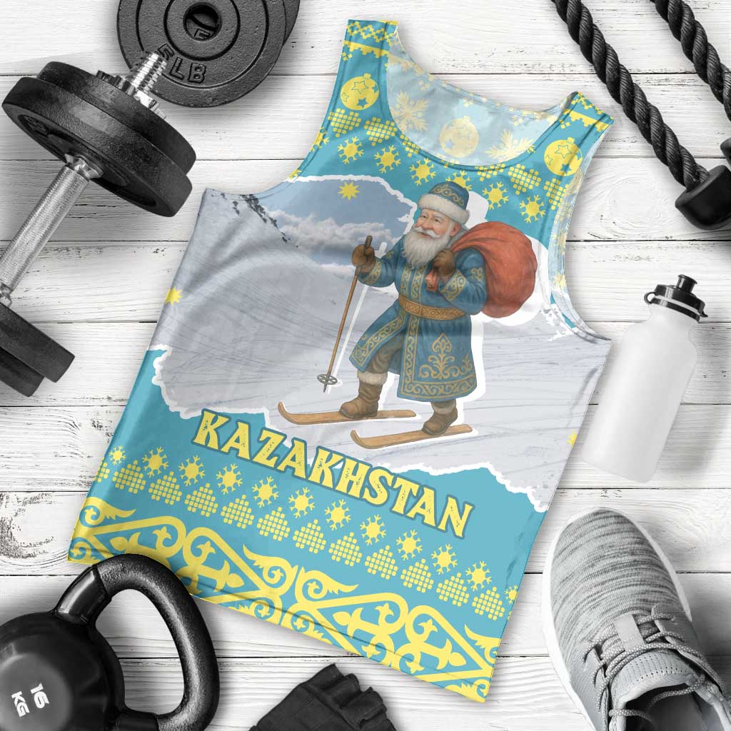 Kazakhstan Christmas Men Tank Top with Santa Skiing in Traditional Outfit Snow Mountain and Sun Pattern - Wonder Print Shop