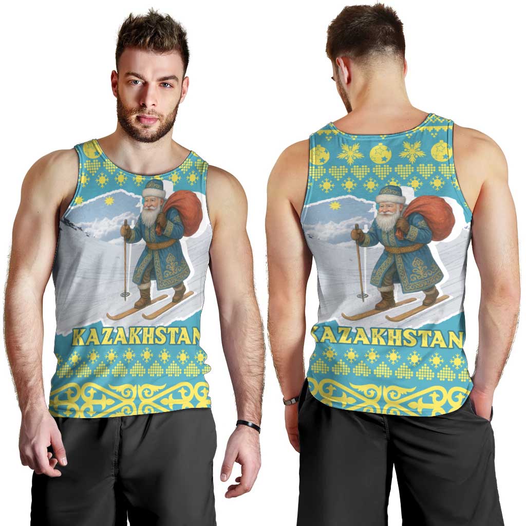 Kazakhstan Christmas Men Tank Top with Santa Skiing in Traditional Outfit Snow Mountain and Sun Pattern - Wonder Print Shop