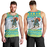 Kazakhstan Christmas Men Tank Top with Santa Skiing in Traditional Outfit Snow Mountain and Sun Pattern - Wonder Print Shop