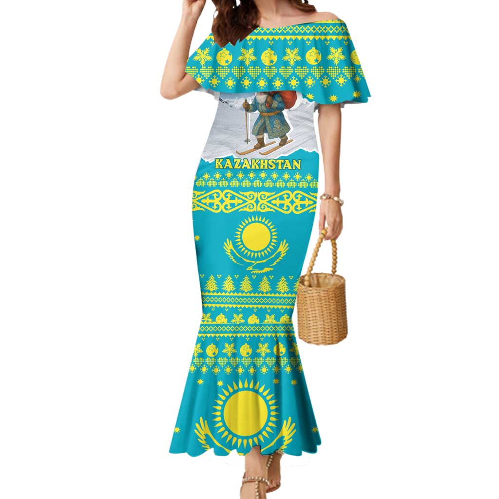 Kazakhstan Christmas Mermaid Dress with Santa Skiing in Traditional Outfit Snow Mountain and Sun Pattern - Wonder Print Shop