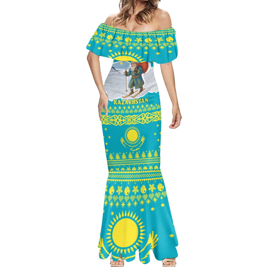Kazakhstan Christmas Mermaid Dress with Santa Skiing in Traditional Outfit Snow Mountain and Sun Pattern - Wonder Print Shop